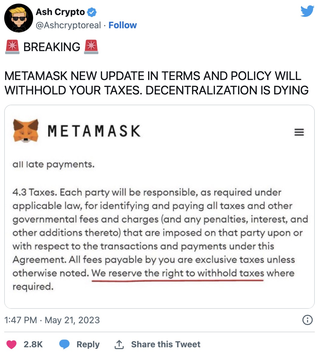 不，MetaMask不会扣留您的加密来征税